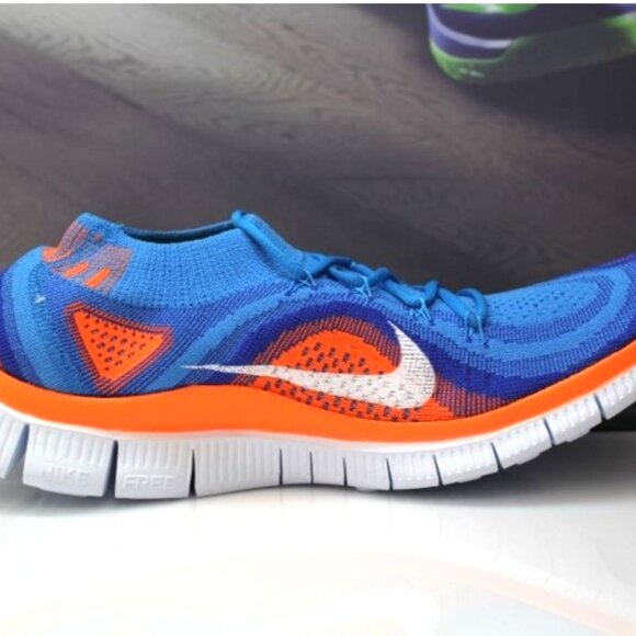 NEW in Box NIKE Free Flyknit 5.0 Shoes Men's Size 9.5 Blue Glow/Total Orange - Picture 6 of 12